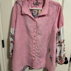 John Mark Pink Striped Shirt with Floral Embroidery